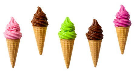 Five colorful soft serve ice cream cones isolated on transparent background, PNG