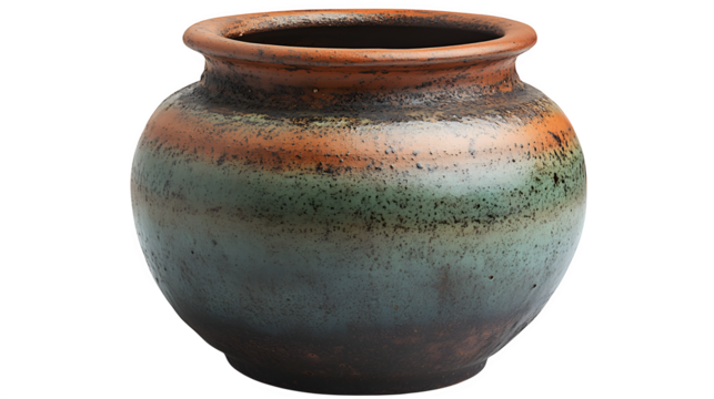 Clay pot with a rustic appearance, isolated on white background