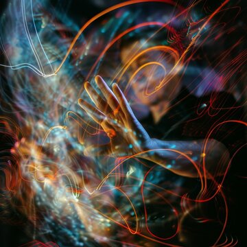 A visually striking image capturing the essence of the theremin's sound waves. The focus is on the hands of the performer, with trails of light and color representing the invisible waves created 
