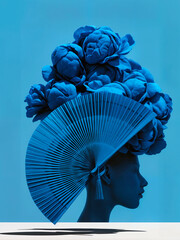 Surreal cobalt blue portrait with Spanish fan and floral headpiece in avant-garde style  .