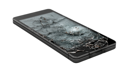 A smartphone with a shattered screen rests on a transparent background