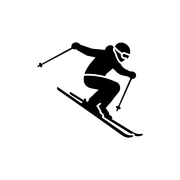 Downhill skier with ski poles, crouched alpine skiing action pose, winter sports icon isolated on white background, high contrast athlete figure