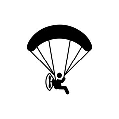 Paramotorist floating high with parachute and visible blades black icon
