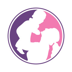 Mother holding a baby with her arm logo design icon. Mother son logo design illustration.