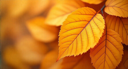 Obraz premium Golden leaf yellow autumn leaf background. Vibrant golden color, natural veins texture. Closeup macro orange fall pattern. Natural autumn season texture. Dry orange leaves. Depth and mood, vibe, ligh
