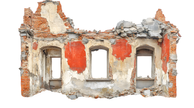 Collapsed structure or ruined building isolated on white background