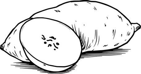 Hand-Drawn Illustration Of A Whole And Sliced Sweet Potato
