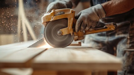Carpenter cutting wood for a staircase project. Featuring woodworking and staircase construction