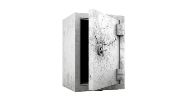 Rusty safe with cracked surface and open door revealing emptiness