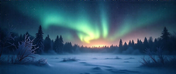 A breathtaking aurora borealis display over a snow-covered forest at the horizon, with a vibrant night sky full of stars. Focus on the depth and mood of a winter holiday scene, with soft, ethereal li