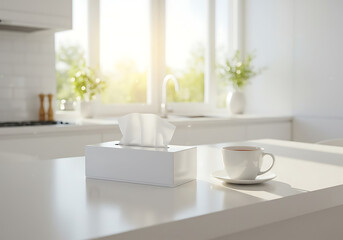 Tissue box and tea cup in bright kitchen for health and wellness concept