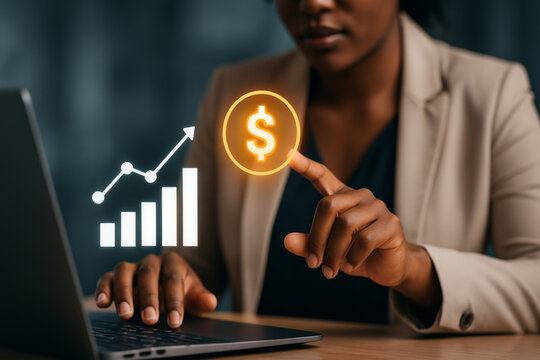 Businesswoman interacting with virtual financial analytics icons showing growth and dollar symbol