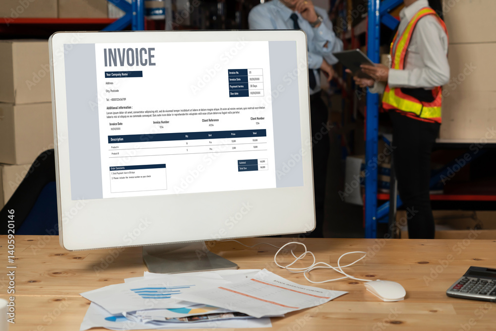 Poster invoice on computer screen from accounting application. computer program for financial and budget of