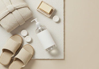 Spa day essentials top view bathrobe soap dispenser candles and slippers