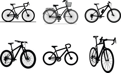 Fototapeta premium Minimalist Bicycle Silhouette Clipart Vector Illustration Bundle. Urban Cycling, Vintage & Modern Bicycle, Road & Mountain Bicycle, Fitness & Lifestyle Design Element