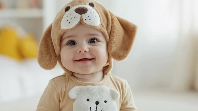 Happy Baby Wearing Cute Dog Hat