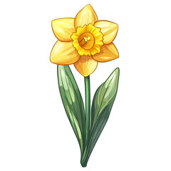 Fototapeta premium A single yellow daffodil flower with green leaves a spring bloom illustration