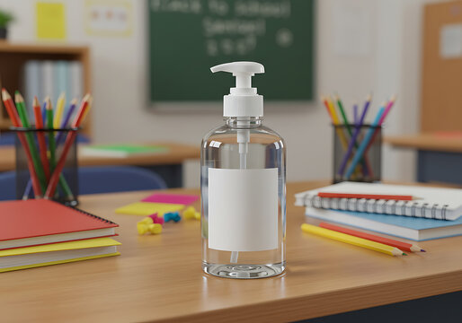 Hand sanitizer in classroom for back to school hygiene and safety tips