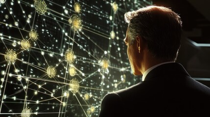 A businessman looking at a holographic map of a global data network, with digital nodes and flow patterns displayed.