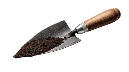 Garden trowel with soil on transparent background for gardening tasks