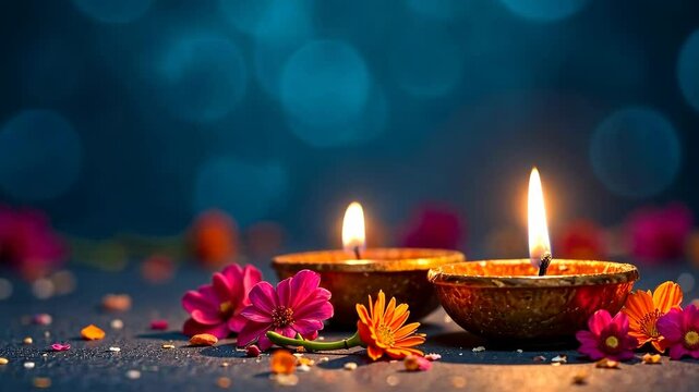 Traditional clay oil lamp lit with flame surrounded by vibrant marigold and chrysanthemum flowers on a dark festive background