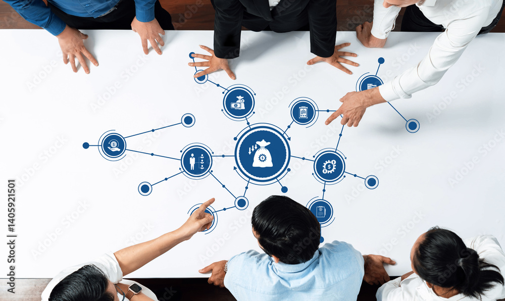 Poster A business team collaborates around a table, analyzing strategic reduction strategies with icons representing financial goals and processes, highlighting teamwork and innovation. Amity
