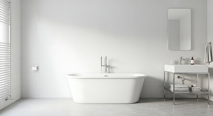Minimalist bathroom with white tile walls, a sleek freestanding bathtub, and a modern vanity with metal frame and a rectangular mirror.