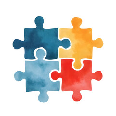 Four vibrant watercolor puzzle pieces fitting together, symbolizing unity, collaboration, and the strength found in diversity.