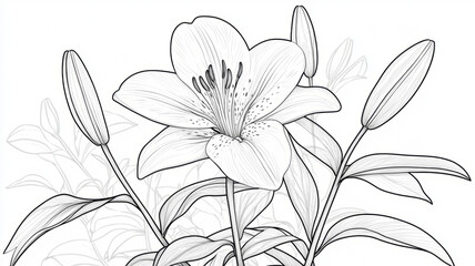 Lily flower line drawing, elegant black and white floral outline.