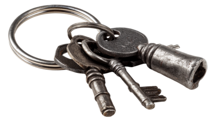 Metal keys on a keyring with a transparent background