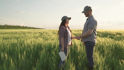 farmers shake hands on field with wheat, teamwork in agriculture, business for production of grain...