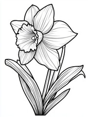 Outline drawing of a daffodil with leaves and stem.