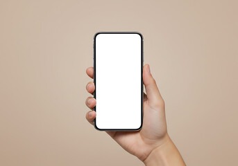 Hand holding smartphone mockup with blank white screen for app design