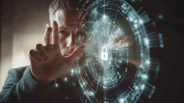 Businessman touching a padlock and biometric security hologram, symbolizing data protection.