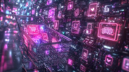 Digital shopping cart immersed in a vibrant, neon-lit digital marketplace.  Abstract icons representing various online products and services fill the background