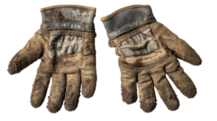 Worn out work gloves displayed against a transparent background