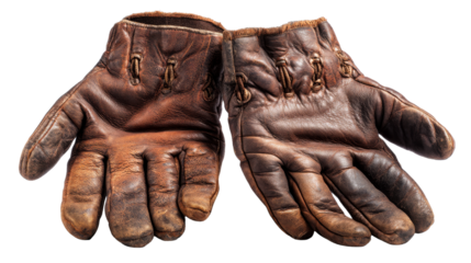 Worn leather gloves with vintage style on a transparent background