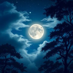 Fototapeta premium Full moon in a night sky with clouds and silhouetted trees. 