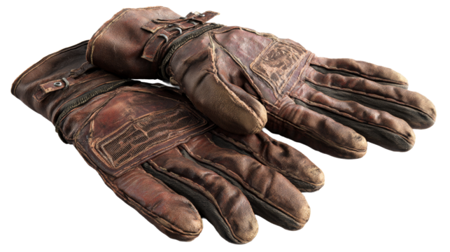 Vintage leather work gloves on transparent background
