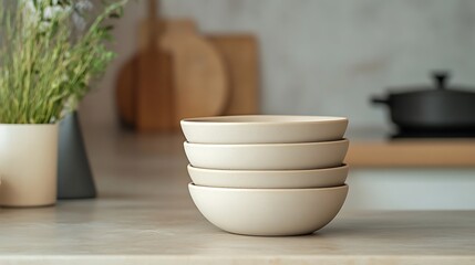 A stack of beige ceramic bowls with a matte finish, arranged neatly on a kitchen counter 