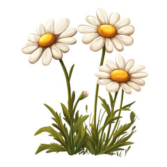 Three white daisies in full bloom with green leaves and a bud