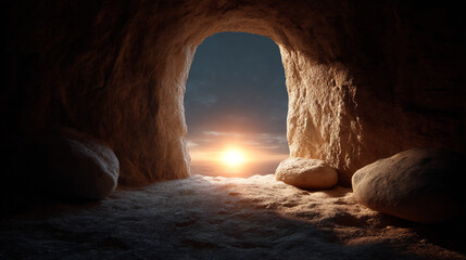 Empty Tomb of Jesus Showcased With a View of Dawn, Symbolizing Resurrection and Renewal in Biblical Faith