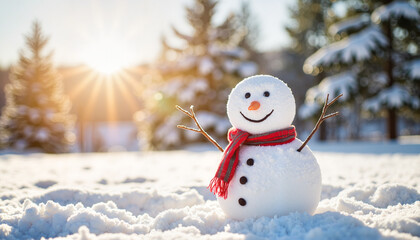 Obraz premium Cheerful Snowman with Carrot Nose and Scarf in Snowy Backyard During Daylight for Holiday Blogs, Seasonal Websites, Winter Celebrations, and Family Greeting Cards