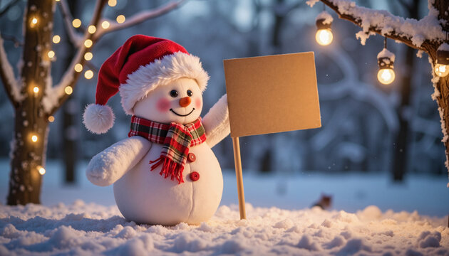 Snowman Holding Blank Sign in Enchanting Snowy Forest for Holiday Greetings, Winter Celebrations, Festive Decor, and Seasonal Promotional Material