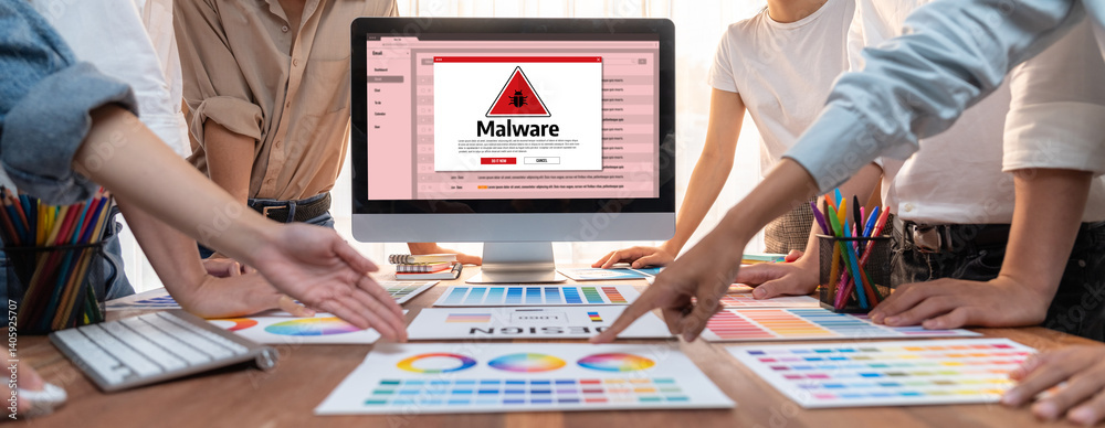 Aufkleber Cyber attacking concept. Malware alert showing on computer screen display scam and threat detection on computer system or online server to be removed brisk.