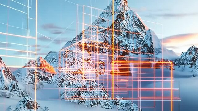 Snowy mountain peak overlaid with digital data