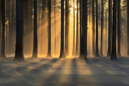 Serene cedar fir forest at sunrise warm golden light casting long shadows on an undisturbed woodland floor creating an inspirational peaceful backdrop