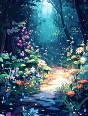 Fototapeta premium A charming path surrounded by blooming flowers in a serene forest