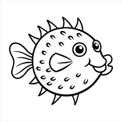 Fototapeta premium Black and White Cartoon Drawing of a Happy Pufferfish for Coloring