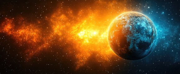 Obraz premium A blue and orange planet sits in the vast emptiness of space, amid distant glowing nebulas